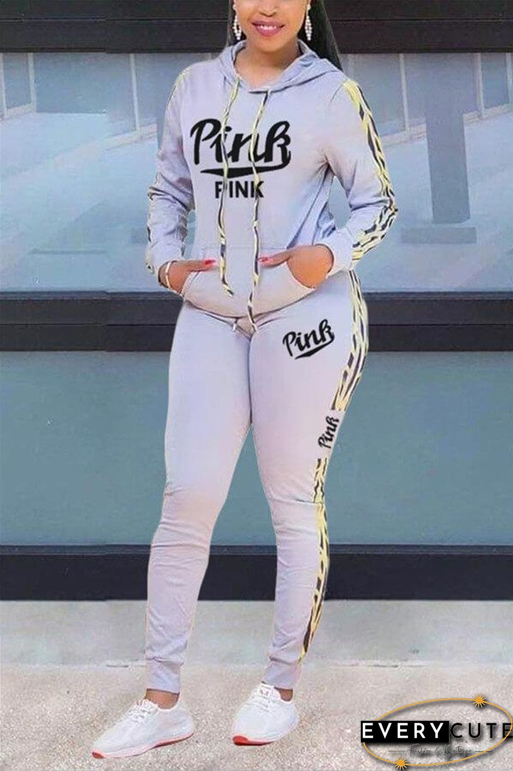 Casual Letter Print Hooded Collar Two Pieces