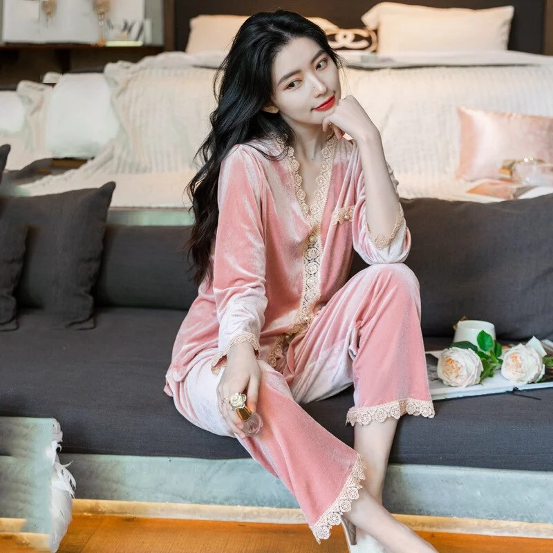 Autumn Velvet Pajamas Set Women Long Sleeve Sleepwear Trouser Suits  Lace Trim V-Neck Nightwear Pyjamas Suit Loose Homewear