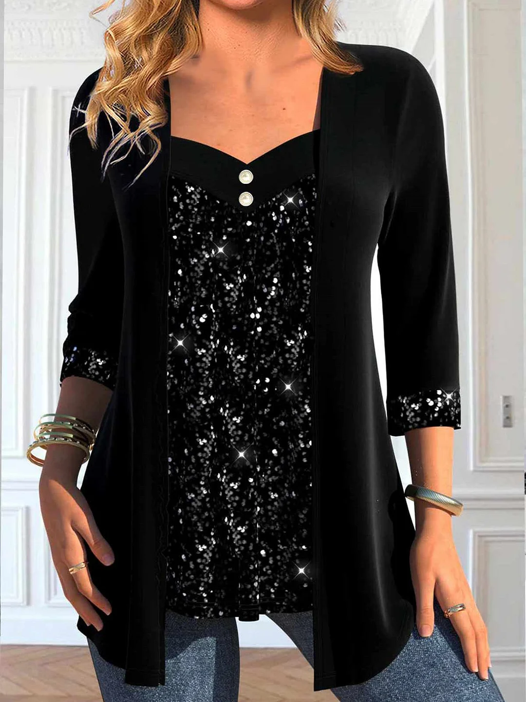 Women 3/4 Sleeve Square Collar Sequins Solid Button Fake 2in1 Tops