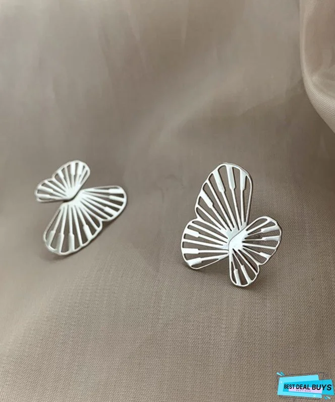 Simple White Sterling Silver Butterfly Hollowed Out Stud Earrings