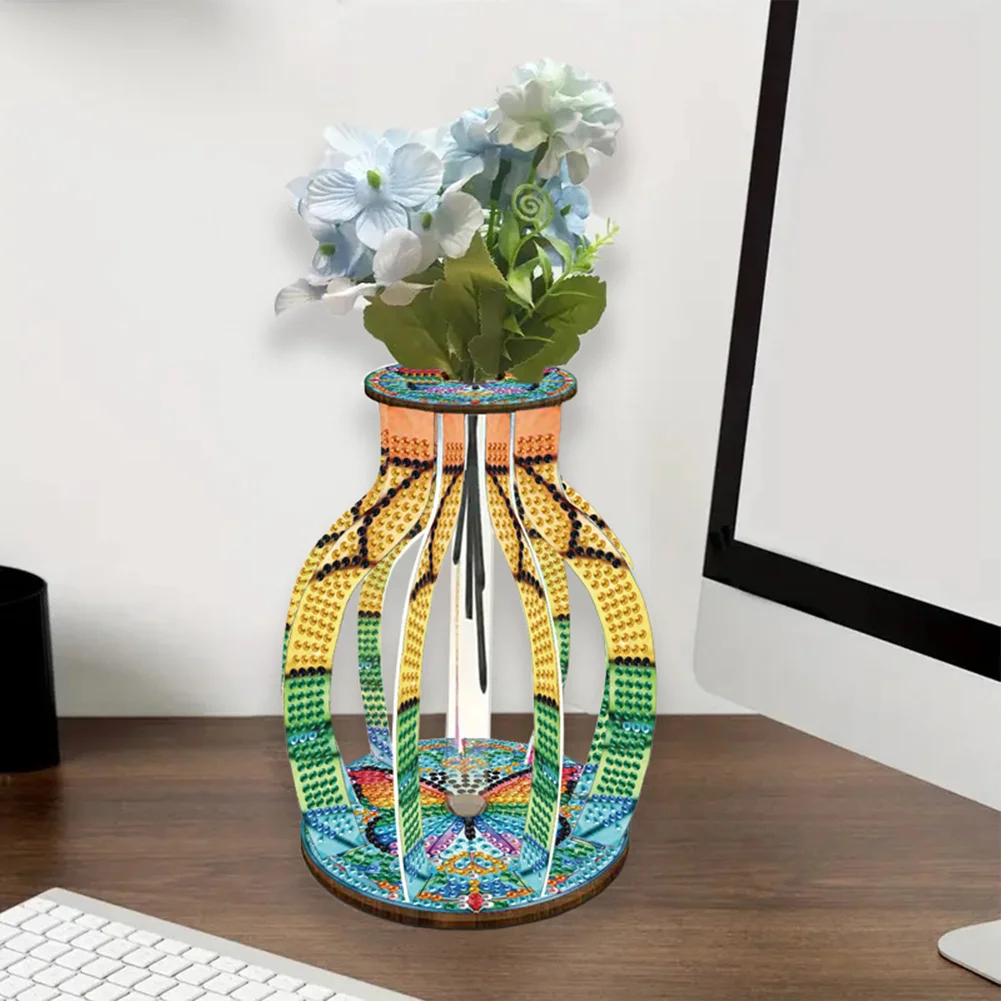Acrylic Wood Butterfly 5D DIY Diamond Painting Flower Vase for Home Office Decor