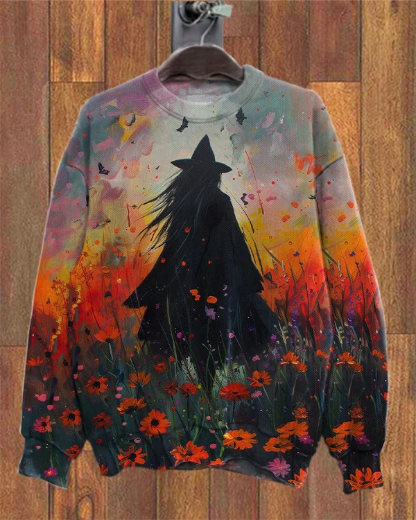 The Witch In The Flowers Halloween Print Loose Sweatshirt