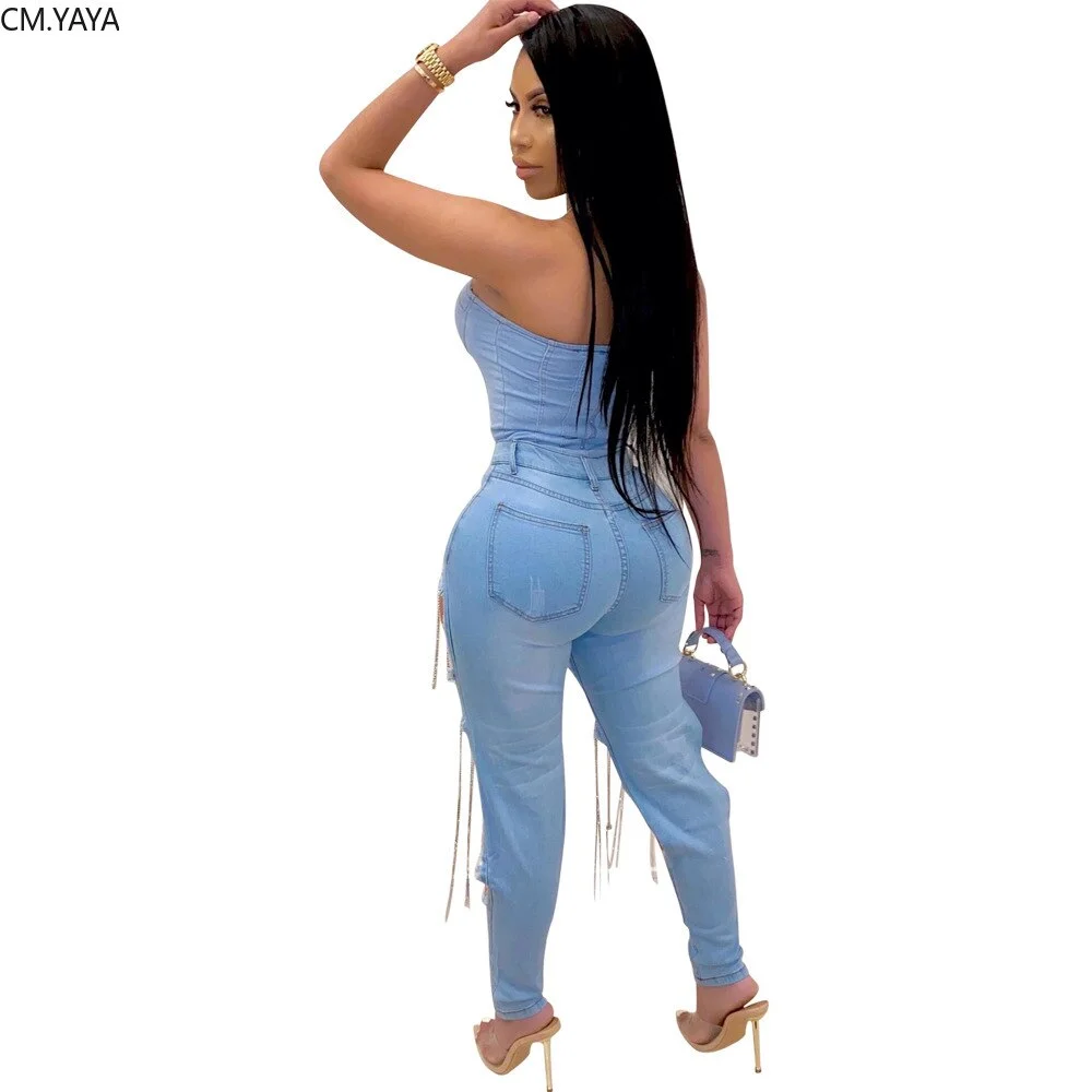 CM.YAYA Summer Denim Pants Women Retro Solid Sexy Hole Jeans Ripped Chain Tassel Trousers Street Skinny High Waist Lady Pants