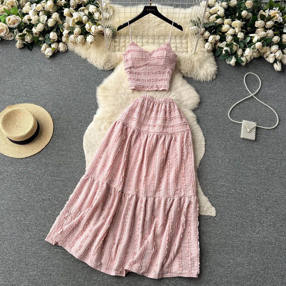 Aiertu Summer Lace Patchwork Beach Two Pieces Sets Women Sexy Camisole+A Line Long Skirt Fashion Elastic Bohemian Suits Aiertu