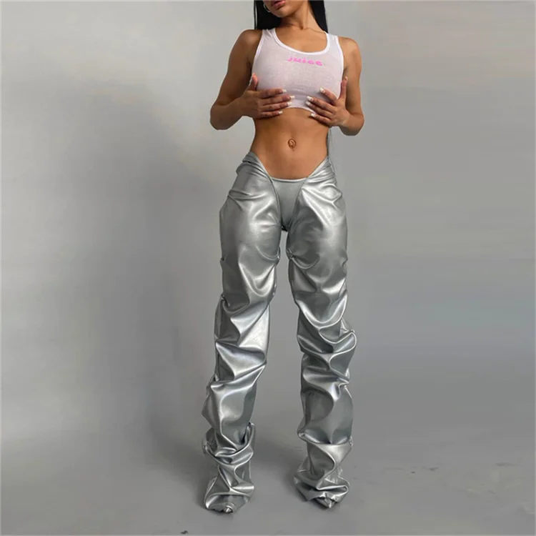Solid Faux PU Leather Shiny Women Pants 