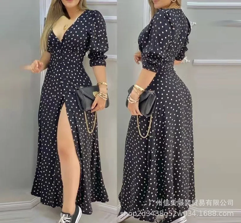 Ueong 2023 Women's Wear E-Commerce New Black-And-White Wave Dot Printed Dress Women