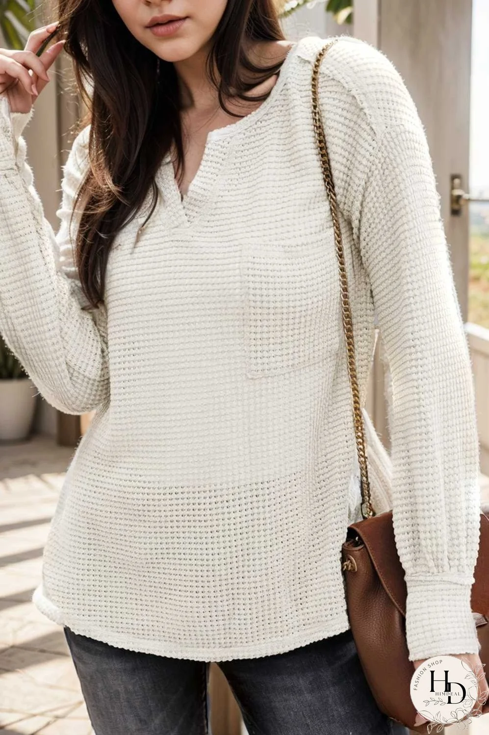 deep v neck long sleeve knitted sweater