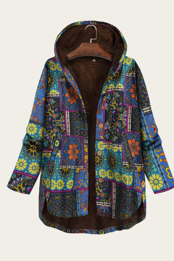 Womens Blue Coat Vintage West Floral Print Hoodie Thick Fleece Jacket Cotton Linen Coat Outerwear