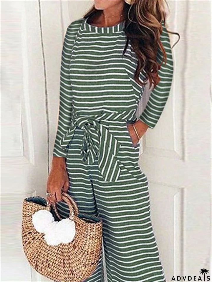 Women's Boho Striped Long Sleeve Round Neck Lace Up Rompers