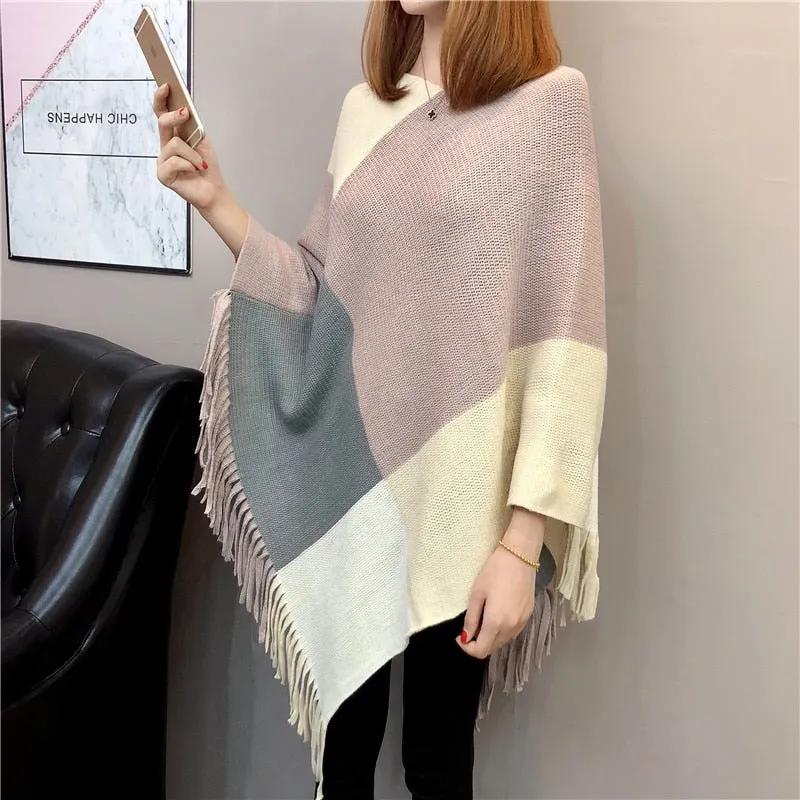 Zoki Women Sweater Poncho Autumn Tassel Fashion Batwing Long Sleeve Winter Striped Knitted Jumper Casual Plus Size Capes 2021