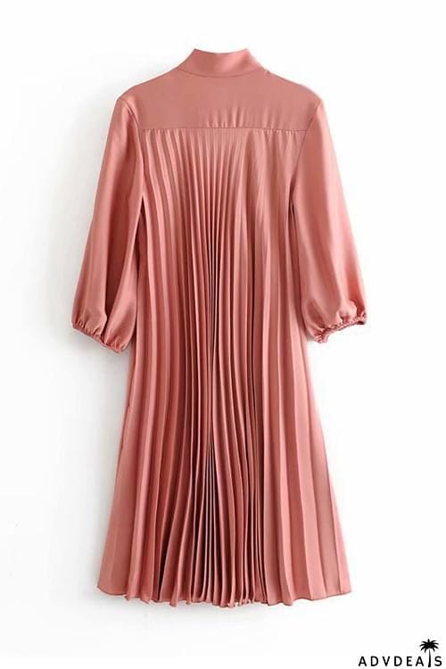 Tied Neck Long Sleeve Pleated Mini Dress
