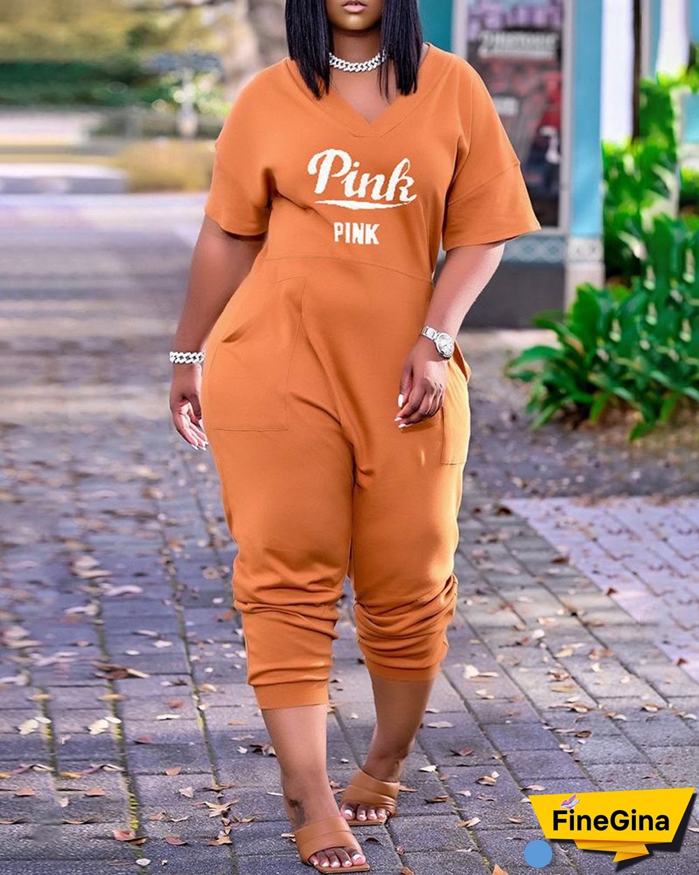 Letter Print V-Neck Short Sleeve Pocket Design Jumpsuit