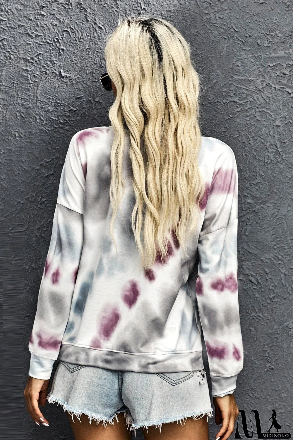 MidiSono - Women Gray Casual Tie-dye Round Neck Sweatshirt