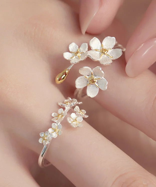 Handmade White Sterling Silver Big Floral And Small Floral Two Piece Set Rings