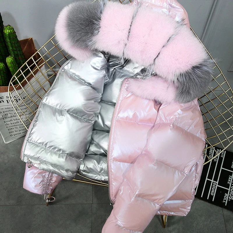Free shipping Women Can Wear Large Fur Collar DownCoats On Both Sides-Summer Clearance