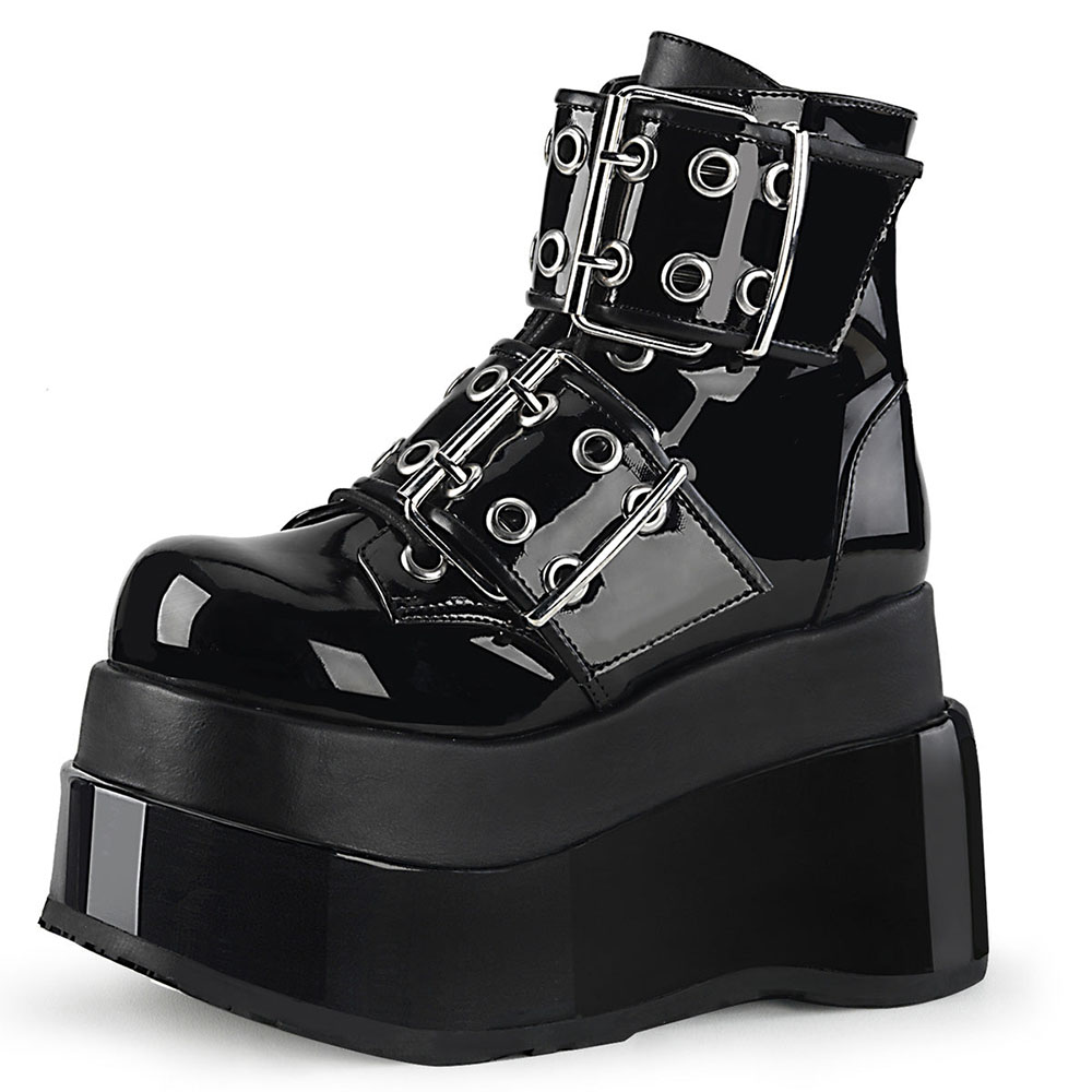 Black Patent Leather Round Toe Wedge Heel Buckle Platform Boots Nicepairs
