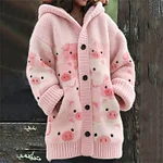 Lovely Pink Pigs Crowd Print Cozy Hooded Cardigan - Image 2