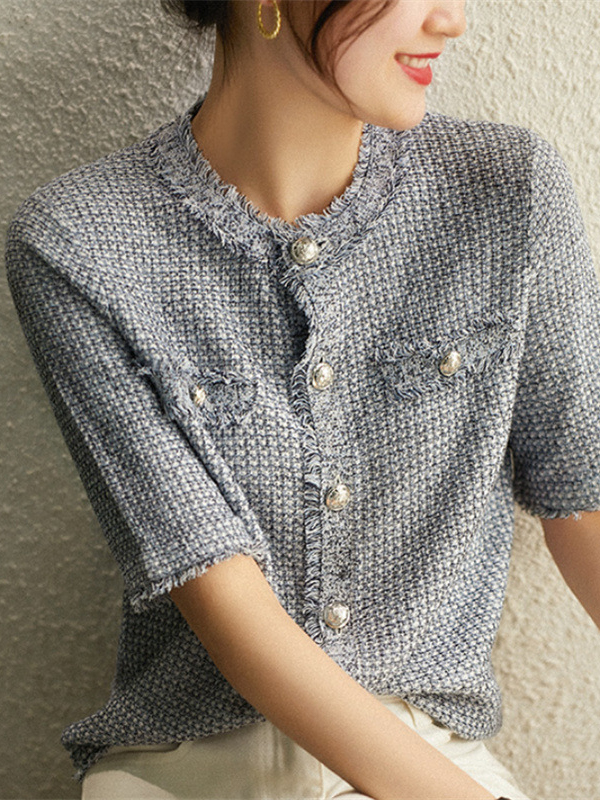 Woven Pattern Frayed Edge Short Sleeve Round Neck Cardigan