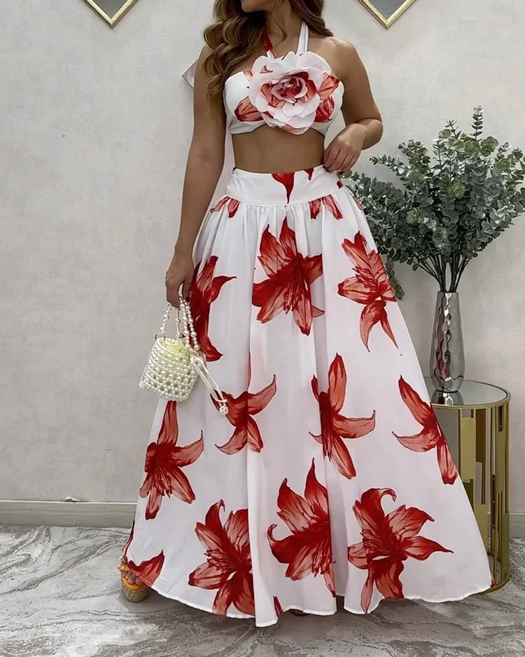 Halterneck Top and Skirt Floral Print Two-piece Set