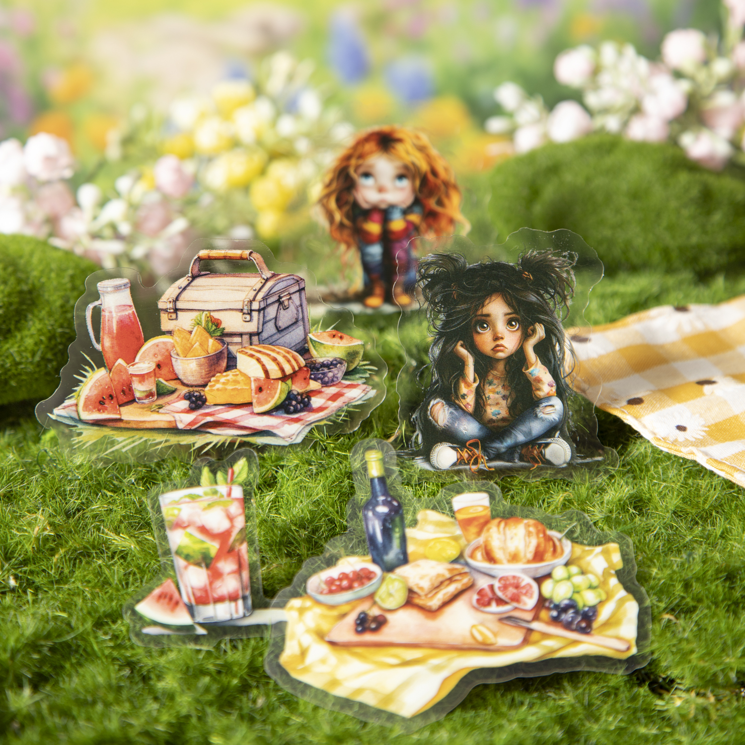 PET 스티커 - 컬러풀한 여름 과일 시리즈 귀여운 여자아이 과일 피크닉 풍경