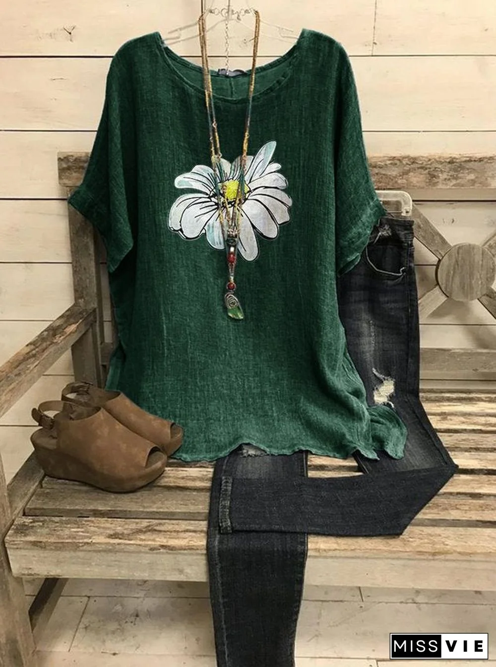 Summer Scoop Neck Casual Loose Daisy Printed T-Shirt