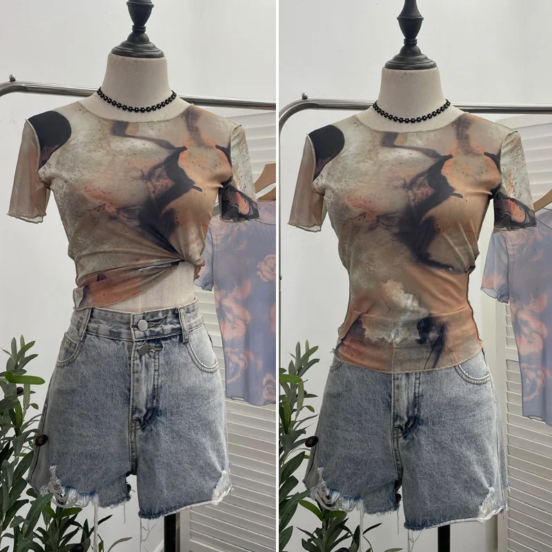 Uveng Single-Layer Thin Mesh Tie-Dye-Repair Short-Sleeved T-Shirt For Girls Summer Short-Sleeved Hottie Top 9917