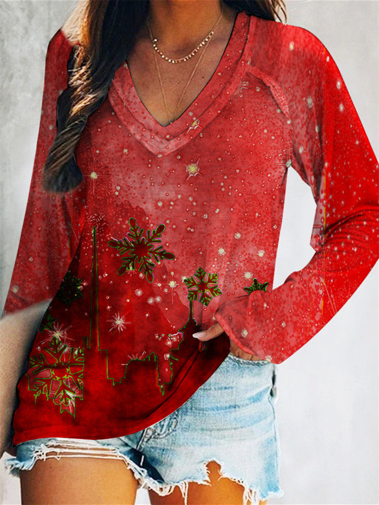 Women Long Sleeve V-neck Graphic Floral Printed Top