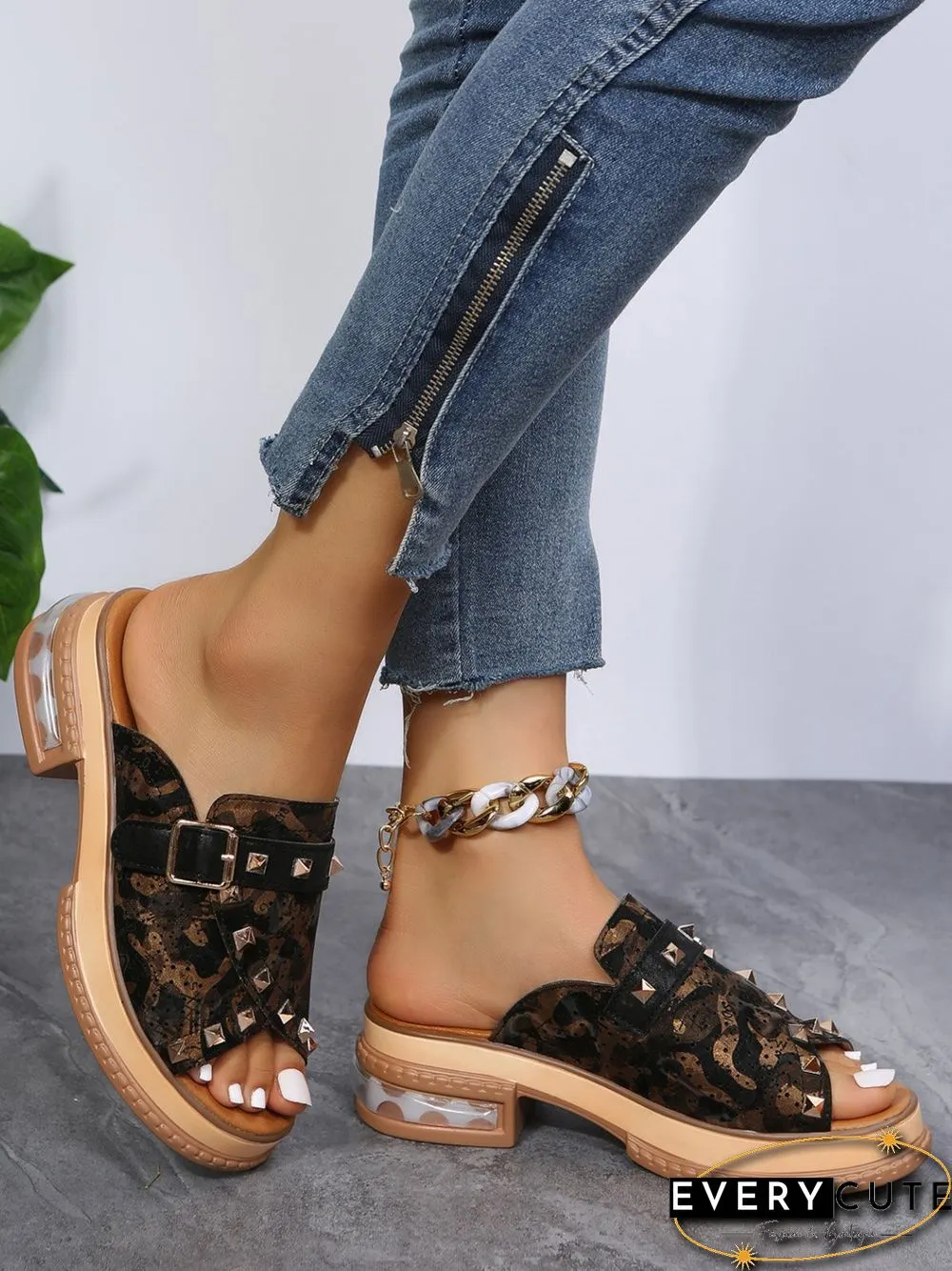 Urban Studded Snake Print Chunky Heel Slippers