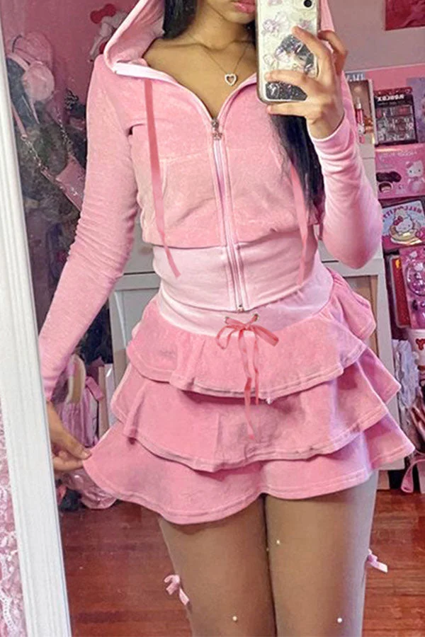 Solid Color Hooded Girly Tiered Dress Suit