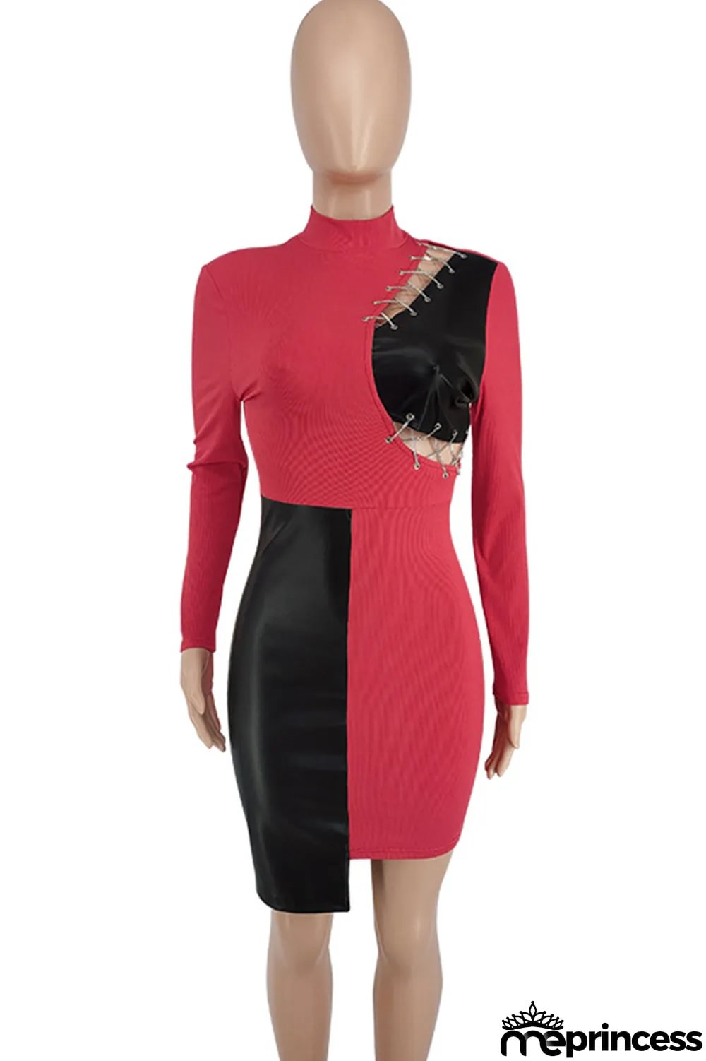 Red Fashion Sexy Patchwork Hollowed Out Asymmetrical O Neck Long Sleeve Dresses