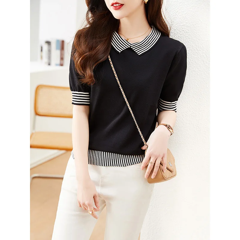 Toloer Toloer Photo Doll Collar Jacket Female Summer Ice Silk Short-Sleeve T-Shirt False Two Striped Knit Half Sleeve Small Shirt-Outfit Ideas