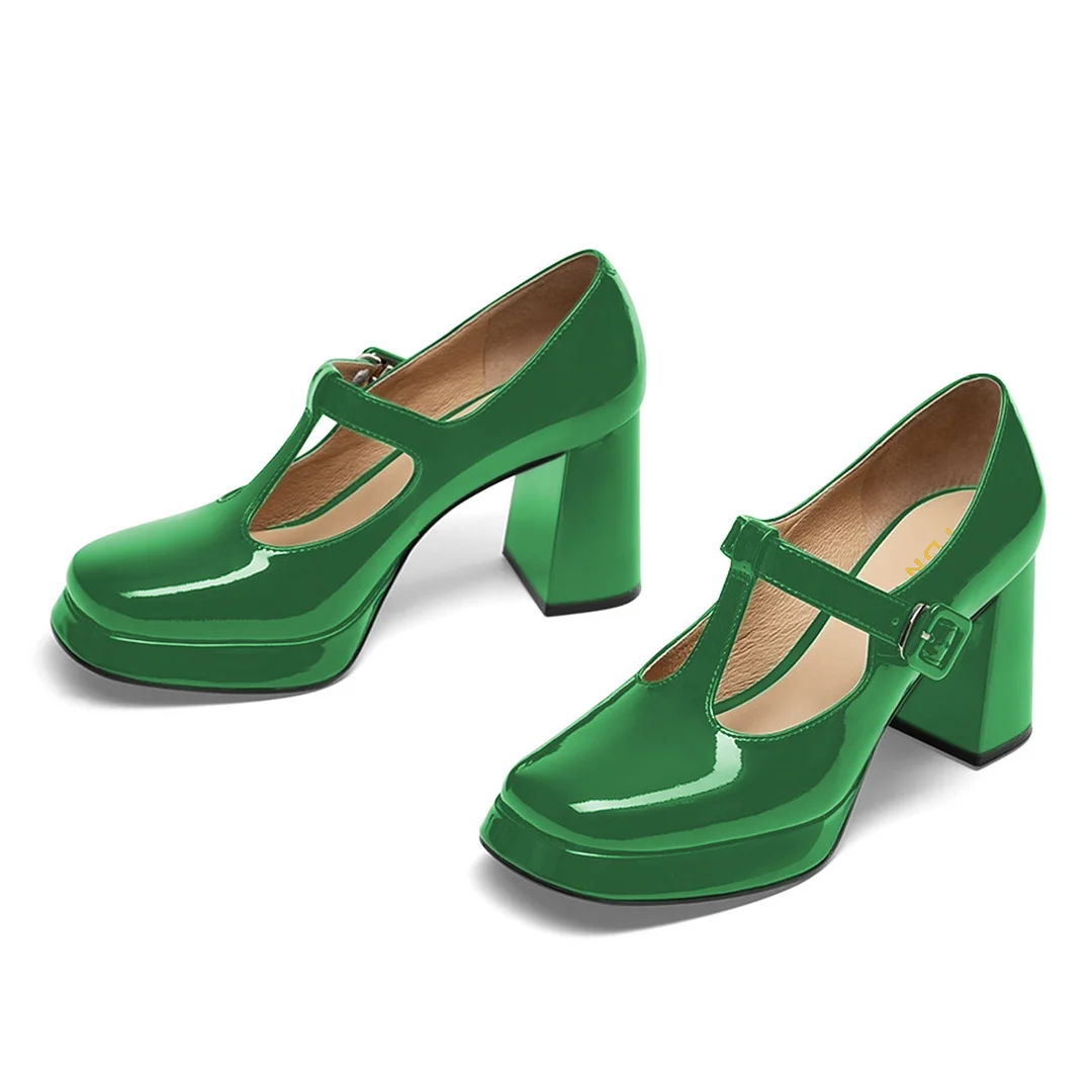 Green Patent Leather Square Toe Block Heel Platform Mary Janes
