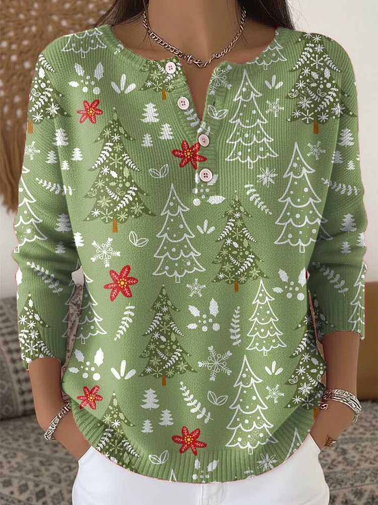 🔥 NEW🎄 Christmas Tree Print Henley Neck Sweater