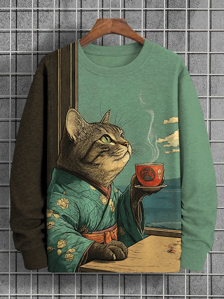 Men's Kimono Cat Drink Tea Enjoy Scenery Contrast Color Print Casual Sweatshirt
