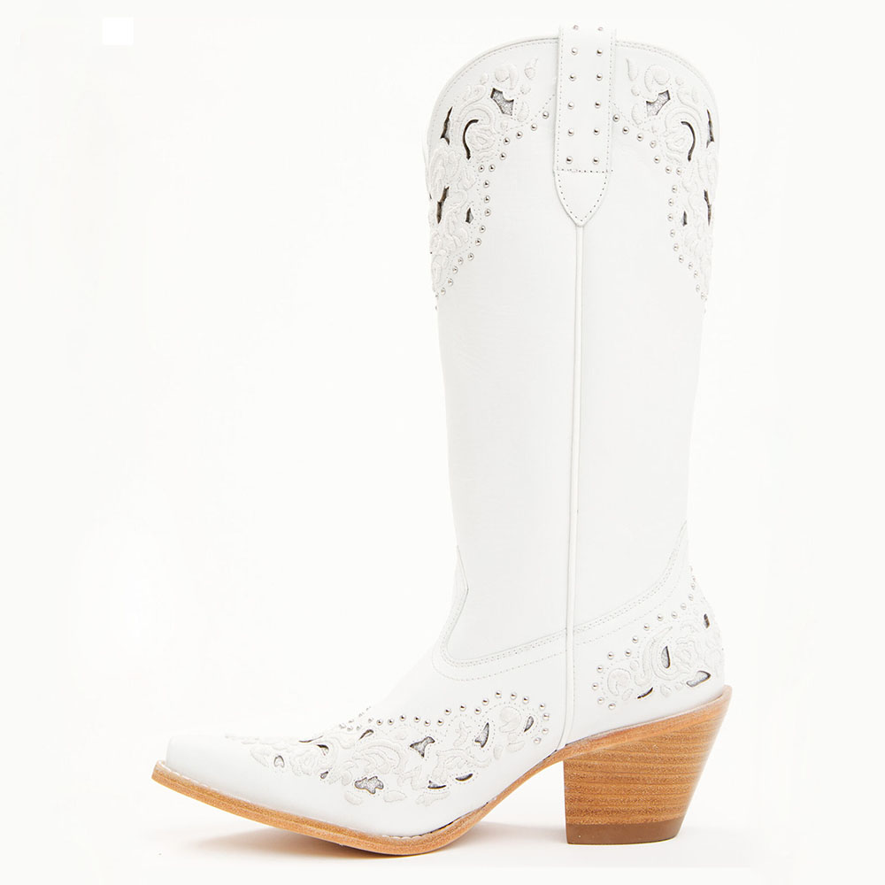 FSJ White Cut-Out Embroidered Chunky Heel Mid Calf Cowgirl Boots