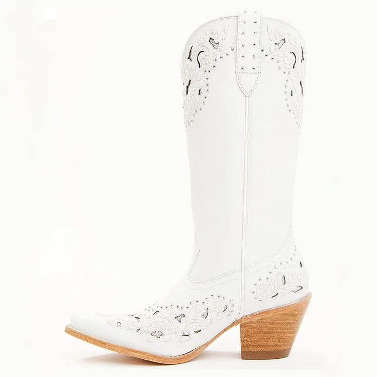 FSJ White Cut-out Embroidered Chunky Heel Mid Calf Cowgirl Boots |FSJ Shoes
