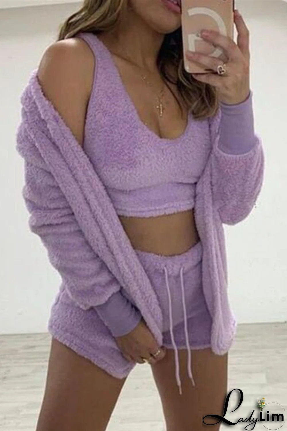 Cream White Casual Living Solid Basic O Neck Long Sleeve Three-piece Set