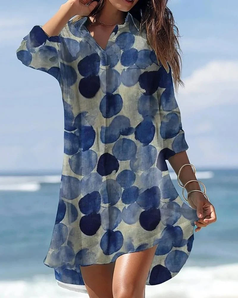 Casual Long Sleeve Printed Shirt Dress