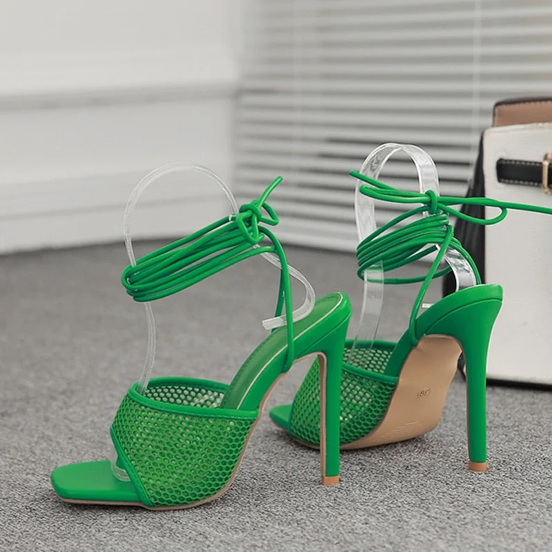 Sexy Purple Orange Mesh Women Sandals Summer Fashion Square Open Toe Ankle Cross Lace-Up Heels Stiletto Hollow Dress Shoes Pumps