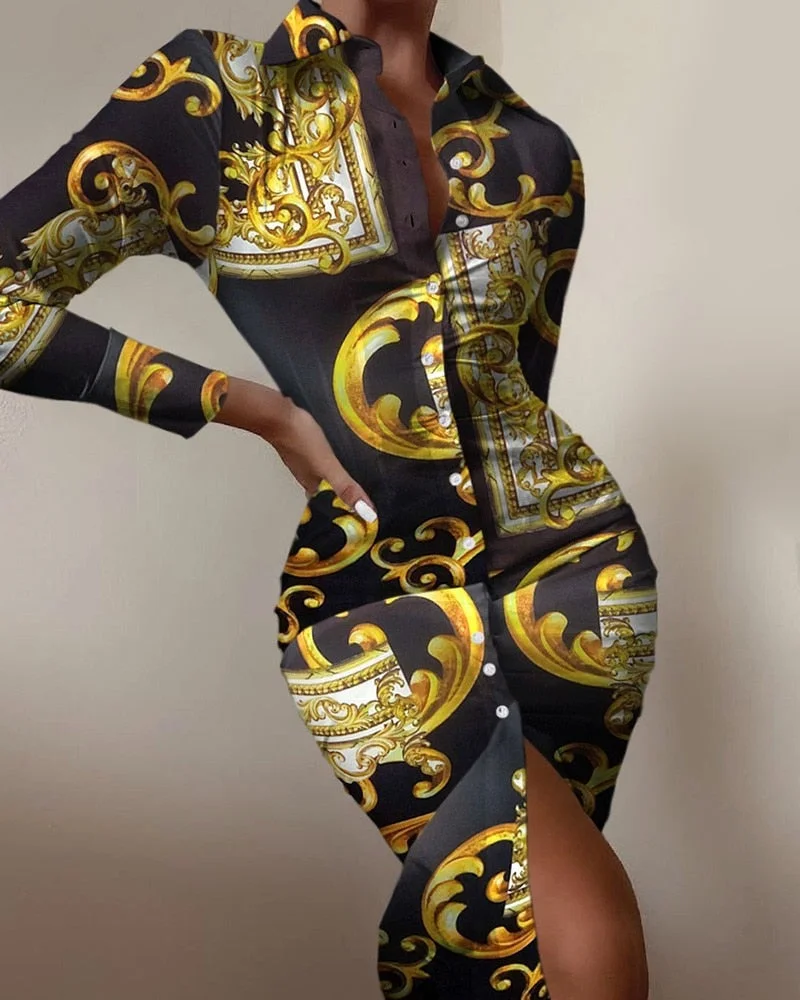 Women's shirt dress long sleeve sexy waist waist printed cardigan shirt