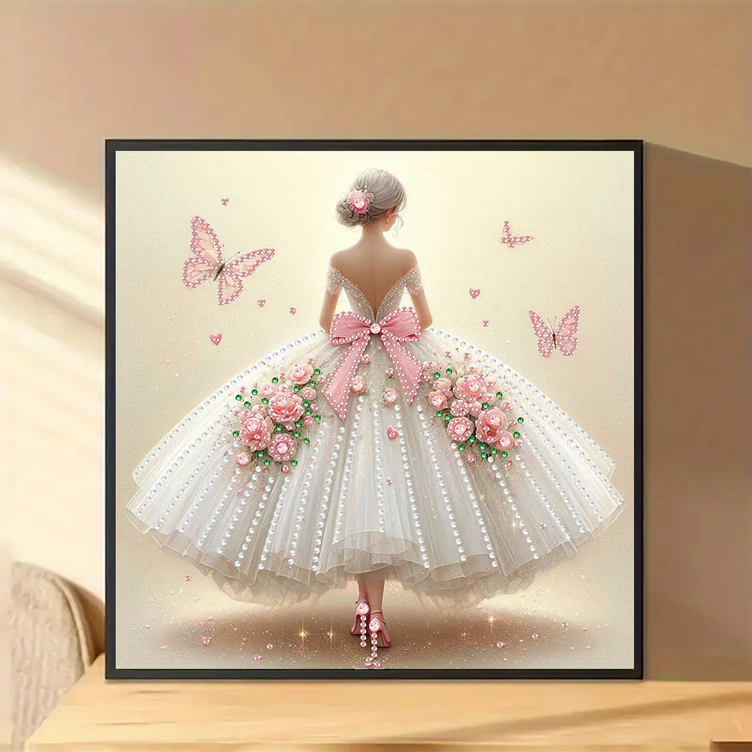 Diamond Painting - Partial Special Shaped Drill - Pink Butterfly Gown(Canvas|30x30cm)