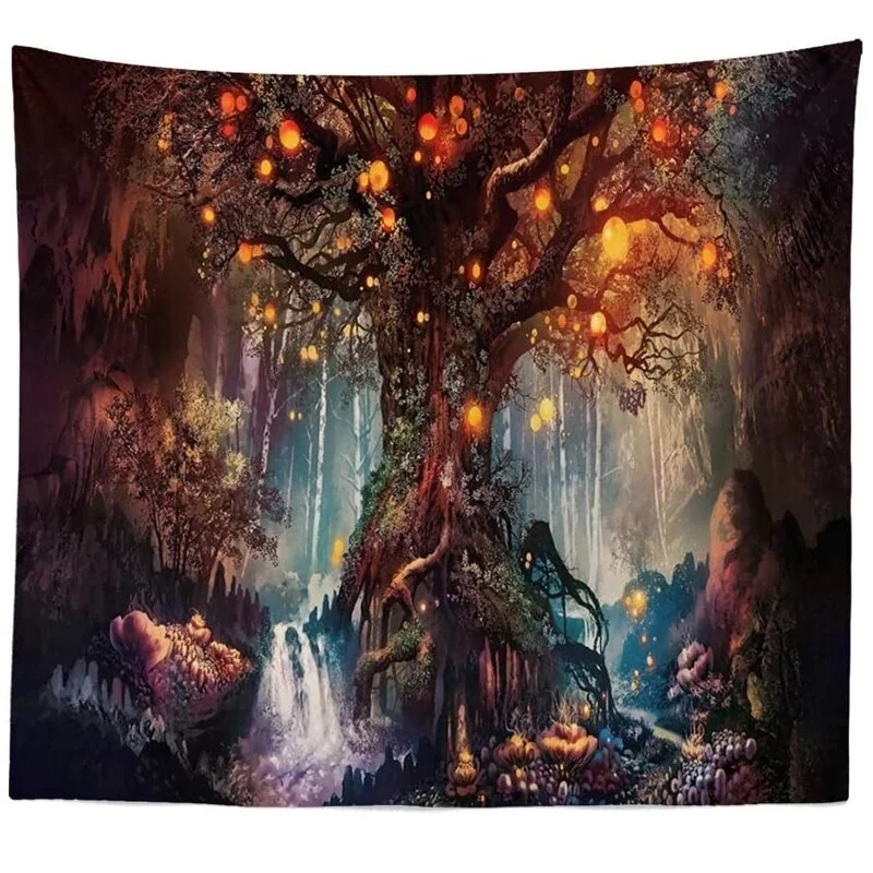 Psychedelic Trees Tapestry Wishing Lantern Trees Wall Hanging Landscape Wall Tapestry Carpet Bed Sheet Bohemian Hippie HomeDecor