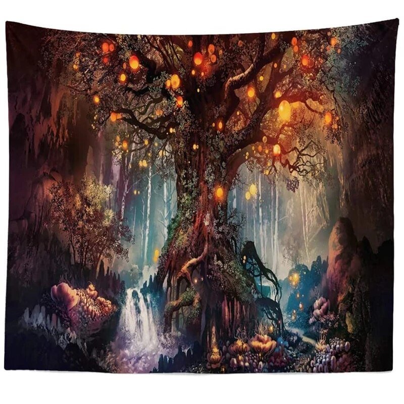 Psychedelic Trees Tapestry Wishing Lantern Trees Wall Hanging Landscape Wall Tapestry Carpet Bed Sheet Bohemian Hippie HomeDecor