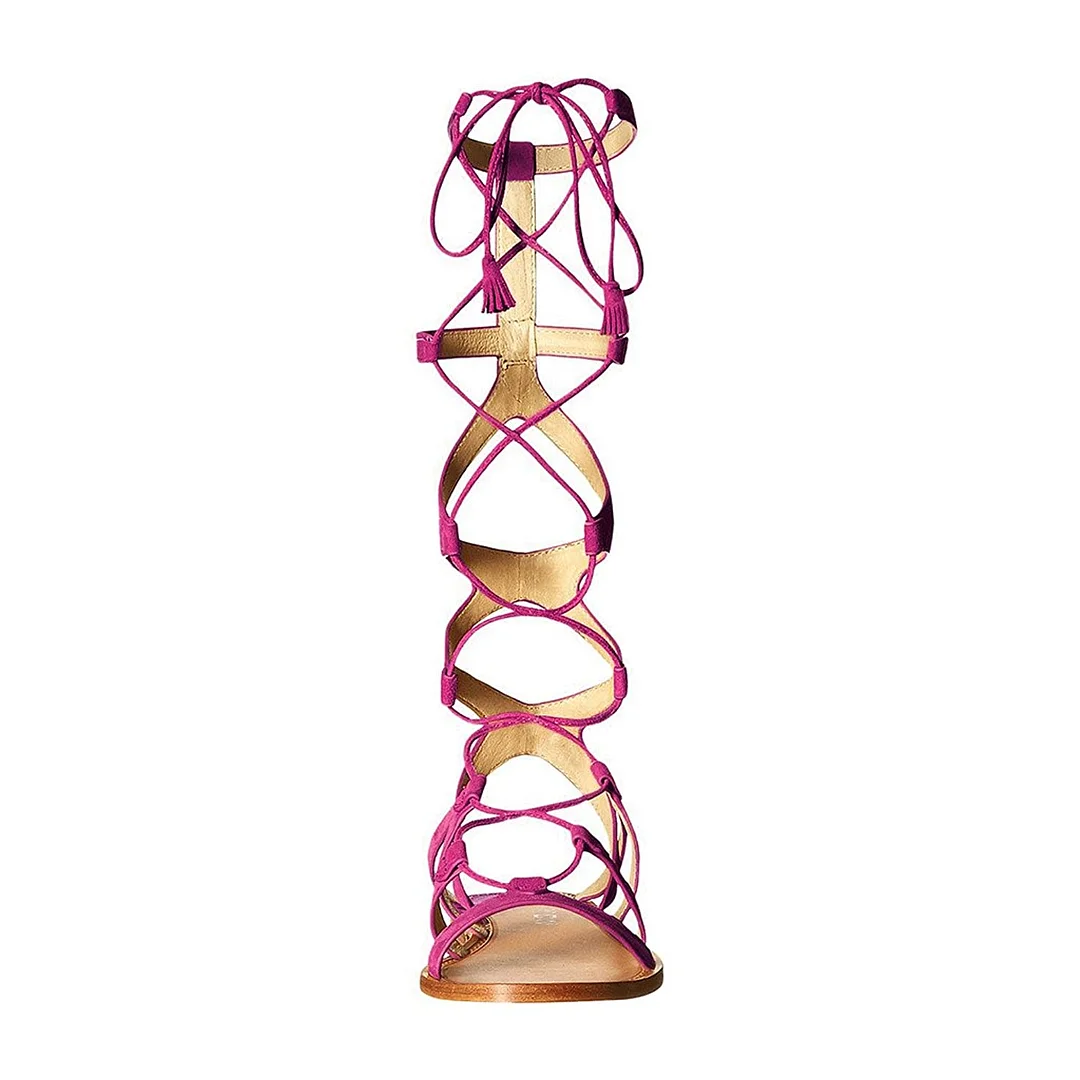 Women's Fuchsia Open Toe Lace Up Flat Summer Sandals with Tassel