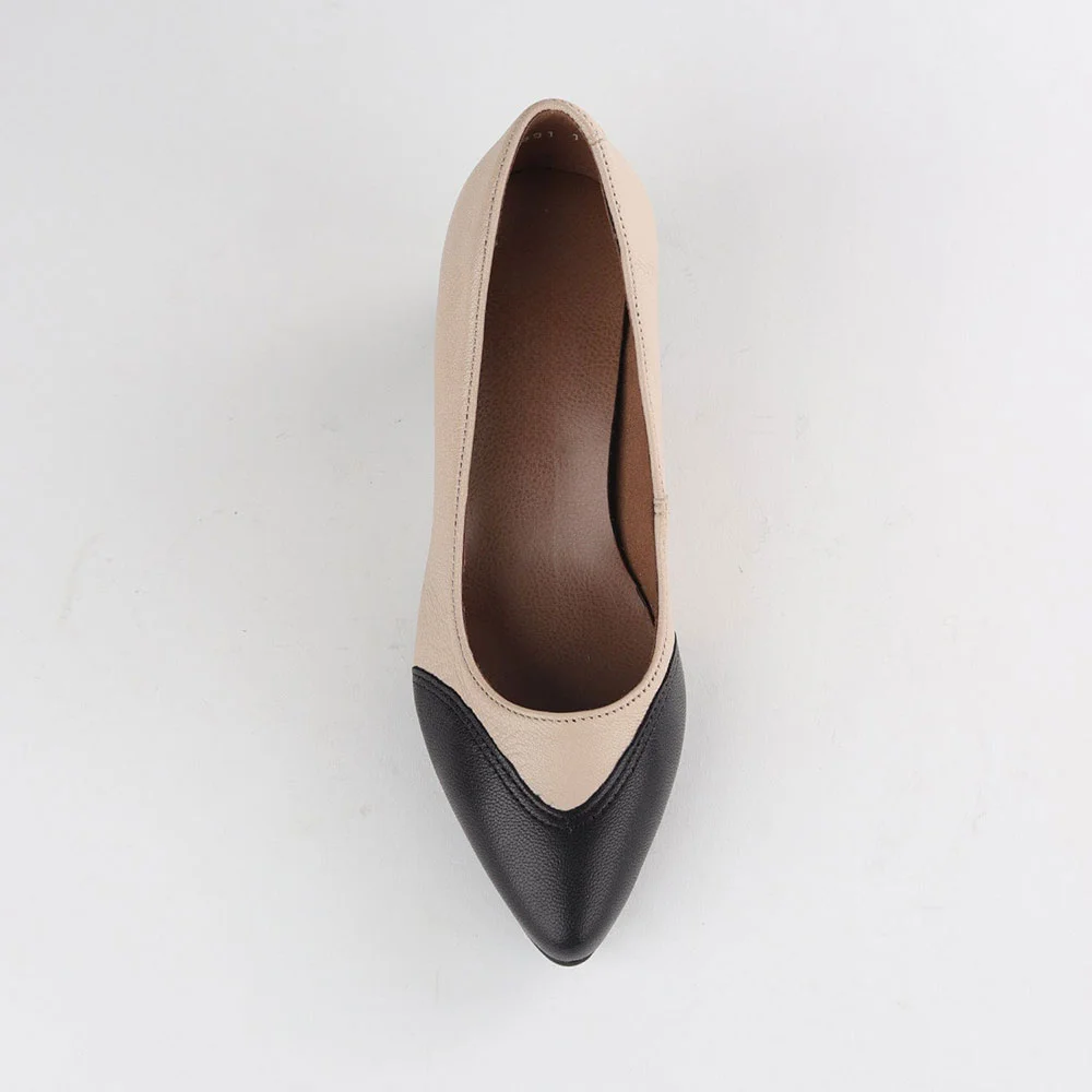 Black & Beige Vegan Leather Pointed Toe Business Block Heel Pumps