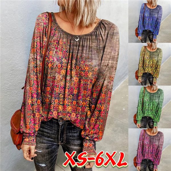 Fashion Women's T Shirt Autumn and Winter Casual Loose Shirts Women's Floral Printing Long-sleeved Round Neck T-shirts Tops Plus Size XS-5XL - BlackFridayBuys