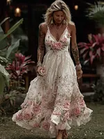 Women's Vintage Pink Rose Art V Neck Suspender Maxi Dress