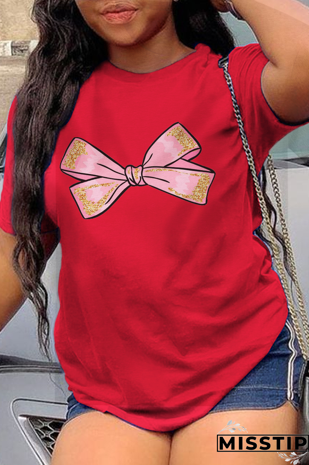 Red Street Print Patchwork O Neck T-Shirts