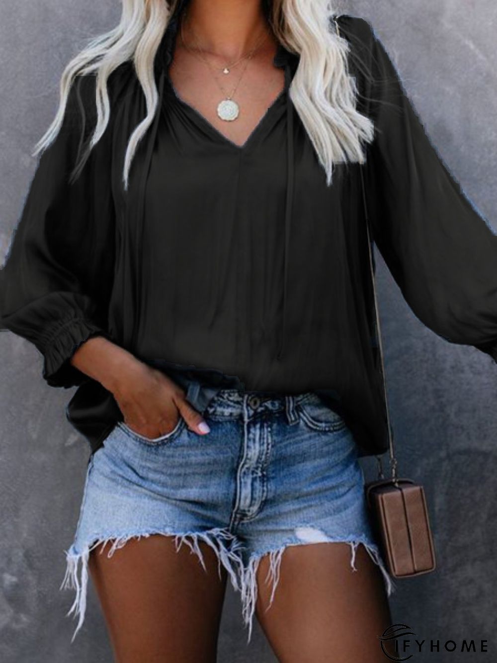 Casual V Neck Long Sleeve Solid Tunic Shirt | IFYHOME