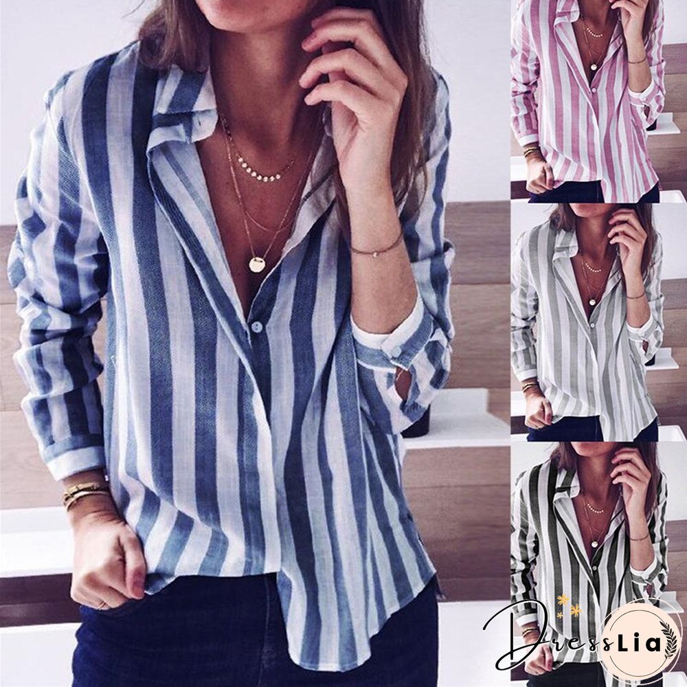 Autumn And Winter Casual Striped Candy Color Long-sleeved Shirt Top Women's Clothing